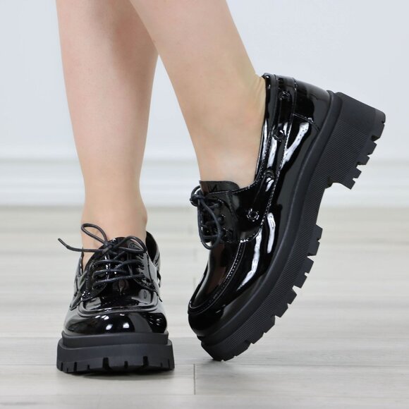 Chunky Penny Loafers Black Lug Sole Slip On Platform Patent Black Lace Up - Picture 2 of 14